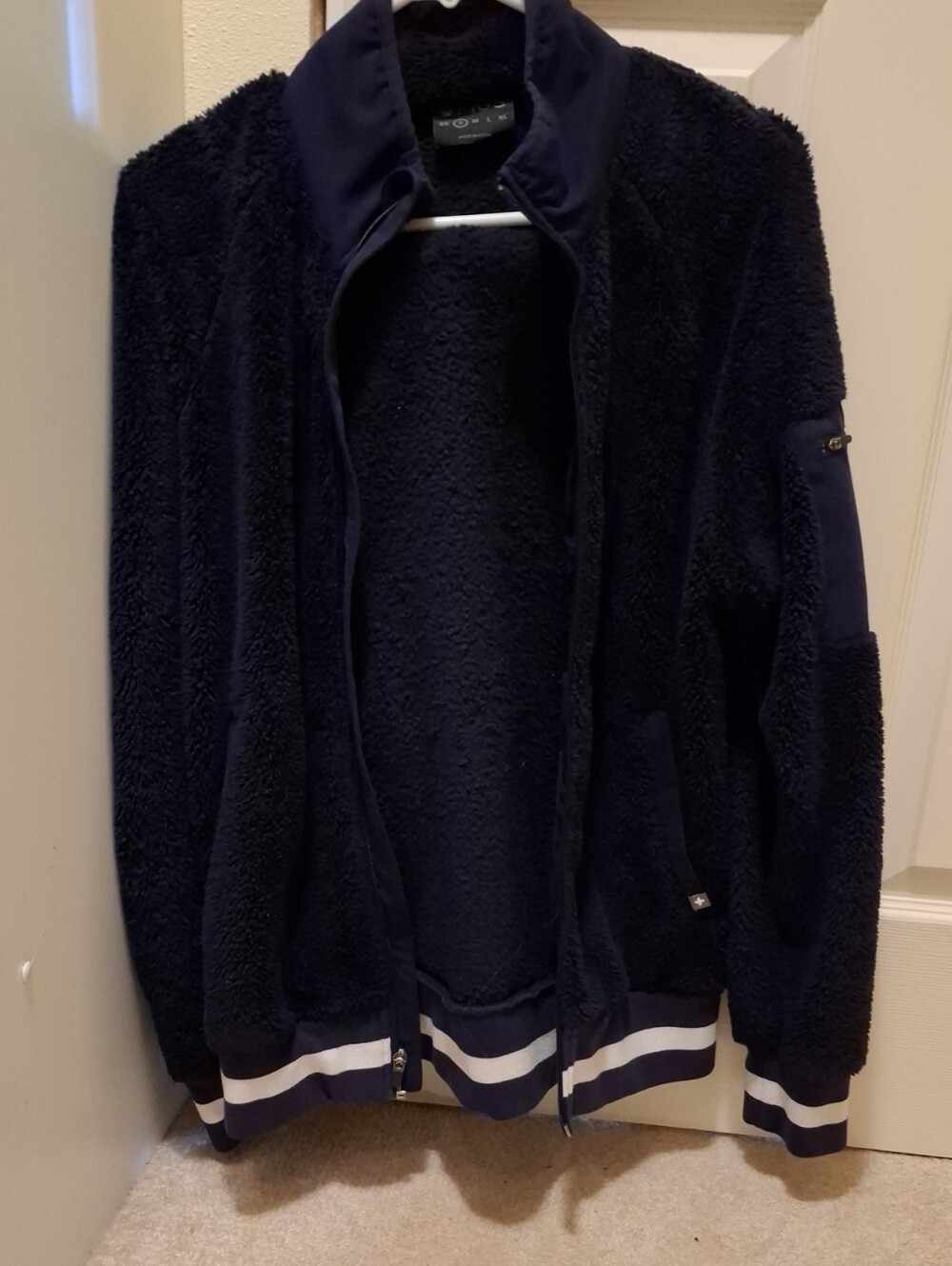 Figs Navy Sherpa Jacket with White Stripe Hem